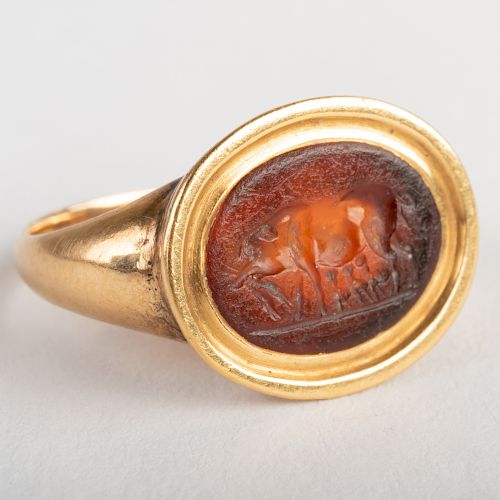 Carnelian Agate Intaglio of a Pig, Set in a Gold Ring