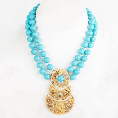 14k Gold and Simulated Turquoise Bead Necklace