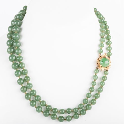 Double Strand Nephrite Bead Necklace with 14k Gold and Cabochon Nephrite Clasp