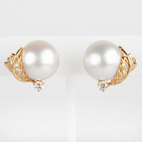 Pair of Seaman Schepps 18k Gold, South Sea Cultured Pearl and Diamond Ear Clips