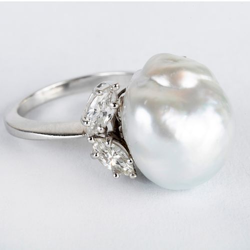 David Webb Cultured Baroque Pearl, Platinum and Diamond Ring