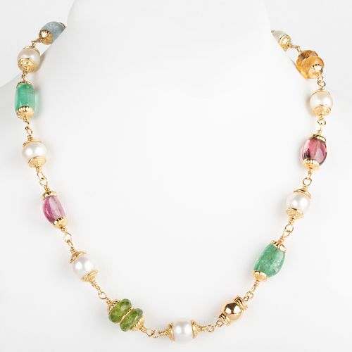 Seaman Schepps 18k Gold, Cultured Pearl and Precious Stone Bead Necklace