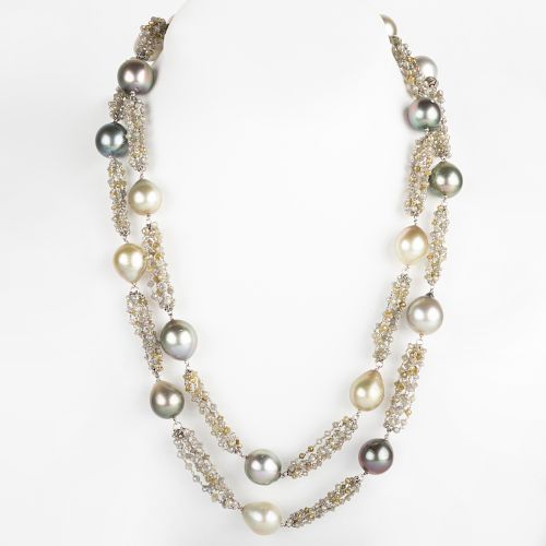 Gray Cultured Pearl and Faceted Diamond Bead Necklace