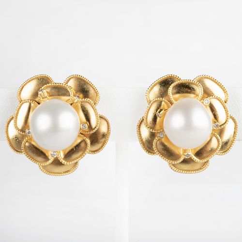 Pair of 18K Gold, South Sea Pearl and Diamond Ear Clips