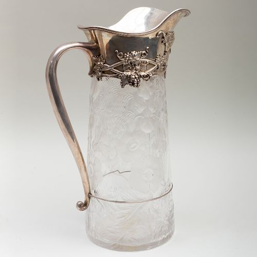 Large Tiffany & Co. Silver Mounted Engraved Glass Jug