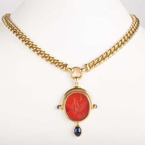 Bulgari 18k Gold Necklace, Set with a Neoclassical Agate Intaglio of the Apotheosis of Hercules and a Sapphire
