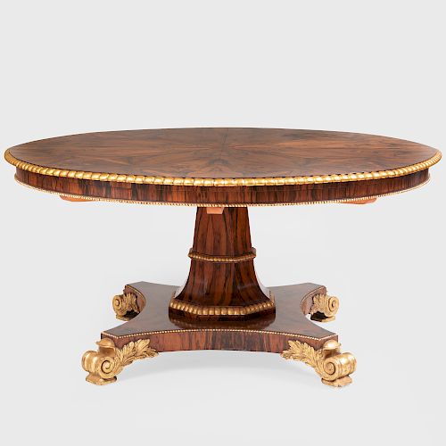 Regency Style Rosewood and Parcel-Gilt 'Jupe' Extension Circular Dining Table
