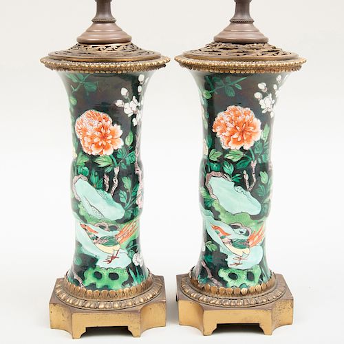 Pair of Ormolu-Mounted Chinese Famille-Noire 'Gu' Form Vases Mounted as Lamps