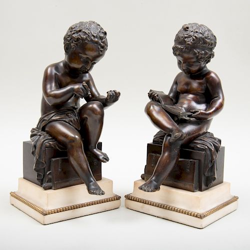 Pair of French Brown-Patinated Bronze Figures of Putti