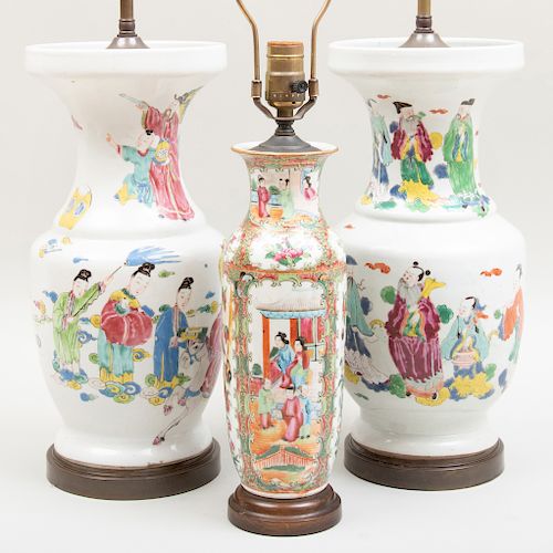 Pair of Chinese Export Famille Rose Porcelain Vases Mounted as Lamps