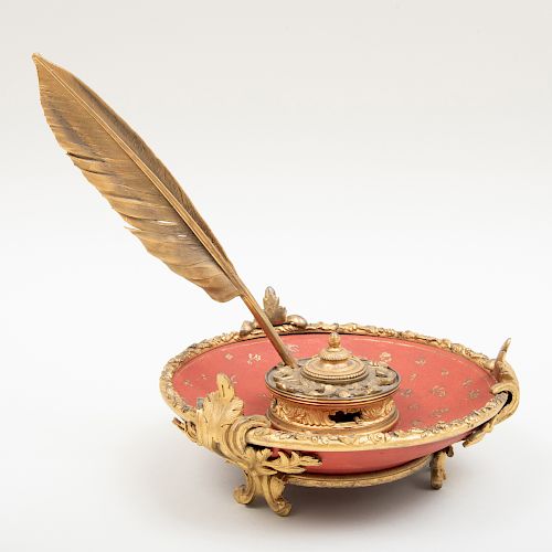Louis XV Style Red Lacquer and Ormolu Inkstand