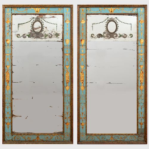 Pair of Neoclassical Style Verre Églomisè and Parcel-Gilt Mirrors