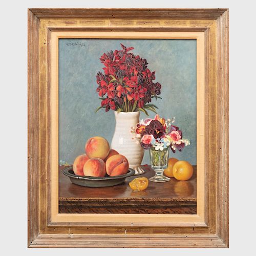 Gerard Victor Alphons Röling (1904-1981): Still Life with Peaches, Plums and Vases of Flowers