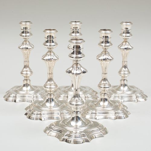 Set of Six George II Style Silver Candlesticks, Modern