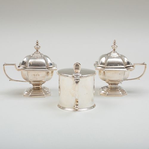 George III Silver Mustard Pot and a Pair of George V Mustard Pots