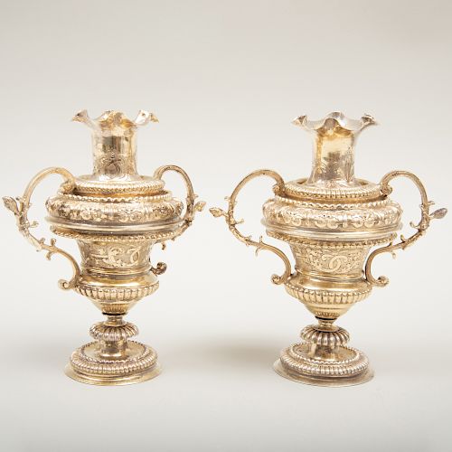 Pair of Continental Silver-Gilt Vases