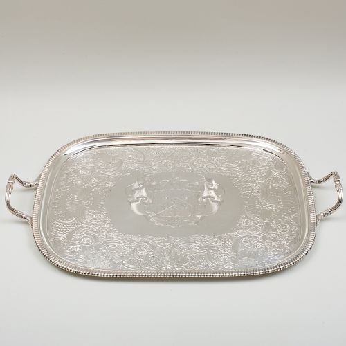 Silver Plate Two Handled Tray Engraved with Armorial Devices