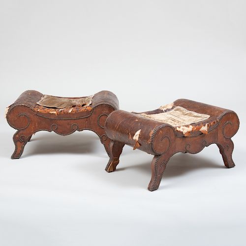 Pair of Continental Tack Work Leather Benches, Possibly Spanish
