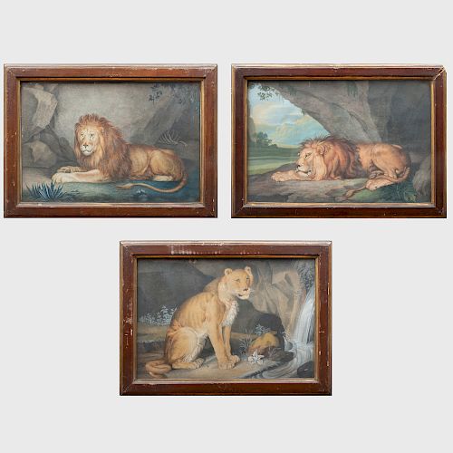 English School:  Recumbent Lion in a Cave; Seated Lioness in a Cave; and Recumbent Lion in a Cave