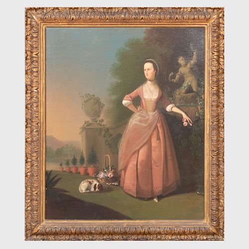 Attributed to Philip Wickstead (1763-1789): Portrait of Mrs. Barratt of Pottley Hall Wearing a Pink Dress in a Classical Garden with a Dog and a Baske