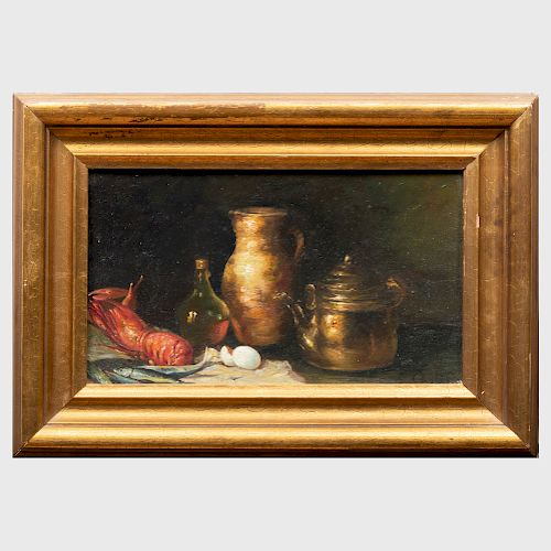 Attributed to Emil Carlsen (1853-1932): Still Life with Copper Pots and Lobster 