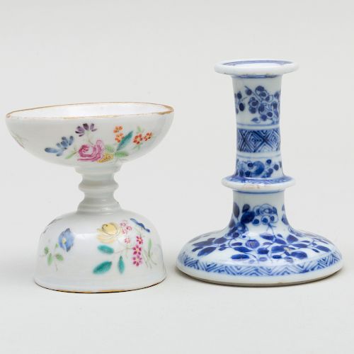Chinese Export Porcelain Eye Washer and a Small Candlestick