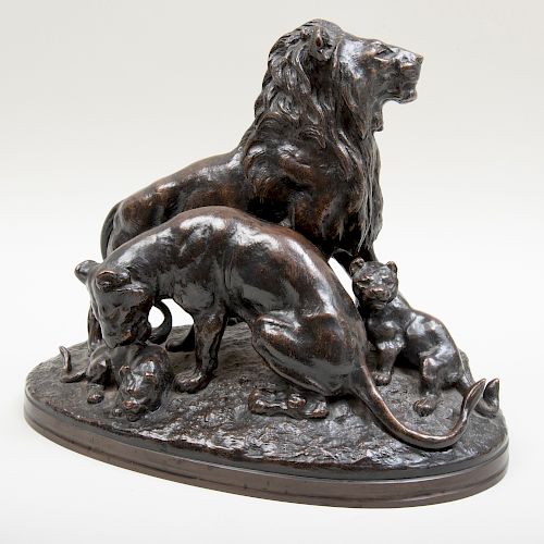 Edouard Paul Delabriere (1892-1912): Bronze Model of Lion, Lioness, and Cubs
