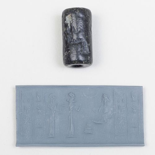Neo-Sumerian Black Serpentine Cylinder Seal with Presentation Scene, Ur III