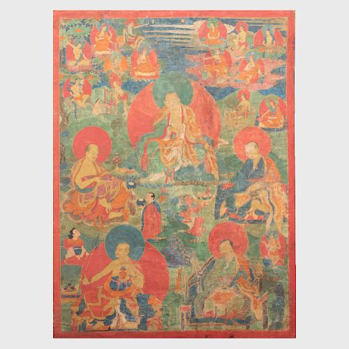 Tibetan Thangka Depicting Five Arhats