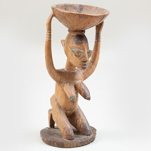 Unusual Nigerian Female Carved Wood Presentation Figure, Yoruba 