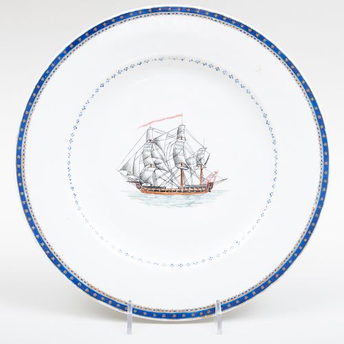 Chinese Export Porcelain Plate Decorated with a Danish Naval Ship