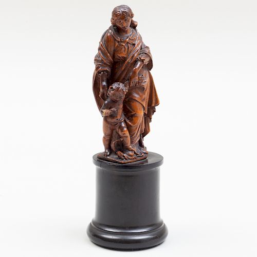German or Flemish Baroque Carved Boxwood Figure of Madonna and Child
