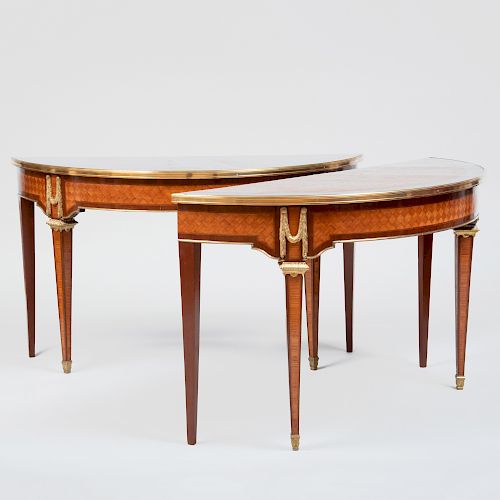 Pair of Louis XVI Style Gilt-Bronze-Mounted Tulipwood Parquetry D-Shaped Consoles