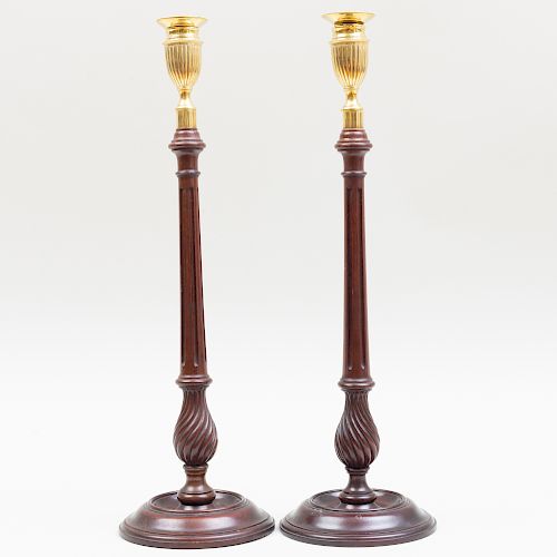 Pair of Tall English Mahogany and Brass Candlesticks