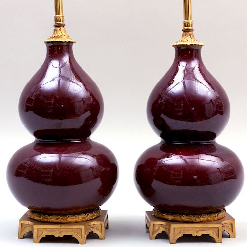Pair of Chinese Ormolu-Mounted Copper Red Glazed Porcelain Double Gourd Vases Mounted as Lamps
