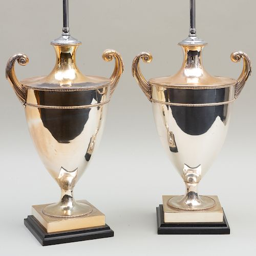 Pair of Silver Plated Pistol Handled Urns Mounted as Lamps