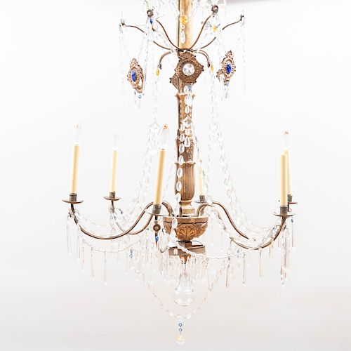 Pair of Italian Giltwood and Glass Six-Light Chandeliers