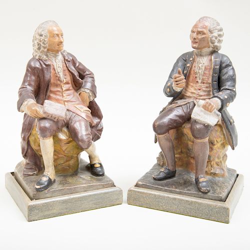 Pair of Painted Plaster Figures of Voltaire and Rousseau, Signed Viviani 1869