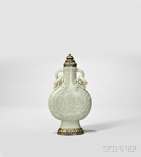 Jade Pilgrim Bottle Vase with Bronze Cover and Base