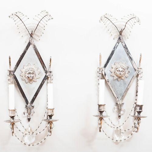 Pair of Napoleon III Style Silver Plate and Cut Glass Two-Light Sconces