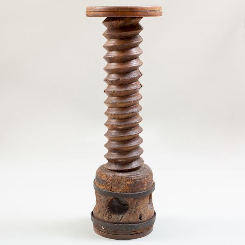 Rustic Metal-Mounted Wooden Corkscrew Pedestal