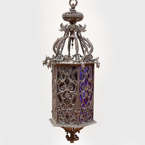 Large Victorian Bronze and Glass Hexagonal-Shaped Lantern, Possibly Italian