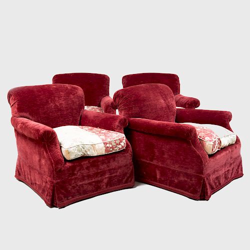 Set of Four Red Velvet and Damask Upholstered Club Chairs