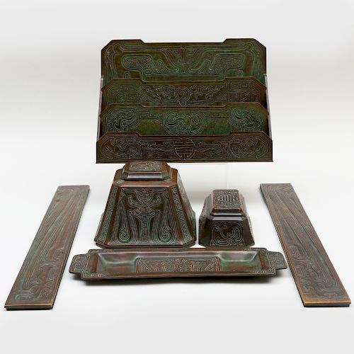 Tiffany Bronze Desk Set in the 'Chinese' Pattern
