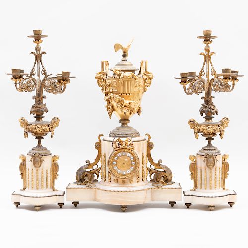 Louis XVI Style Ormolu-Mounted Onyx Three Piece Garniture
