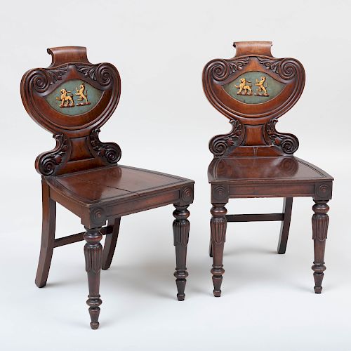 Pair of William IV Carved Mahogany and Painted Hall Chairs