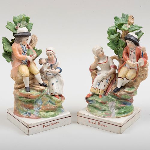 Pair of Staffordshire Pottery 'Rural Pastime' Figure Groups