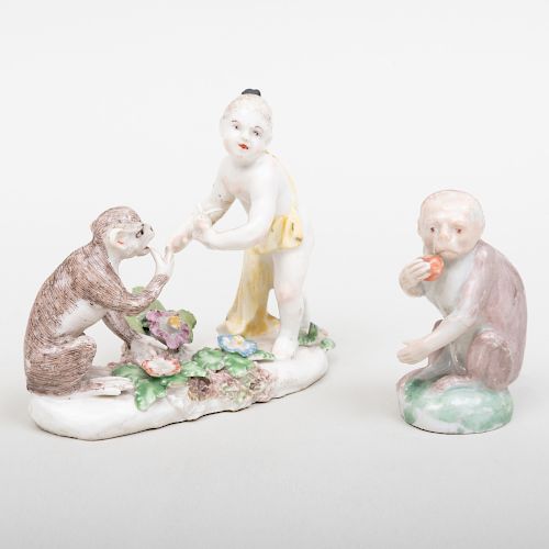 Bow Porcelain Figure Group of Monkey with Fruit and another Figure of a Monkey