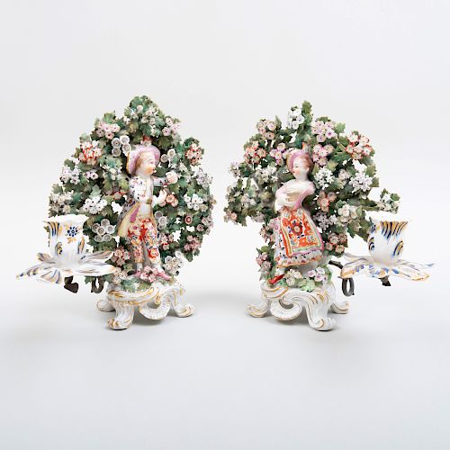 Pair of Bow Porcelain Bocage Figural Candlesticks