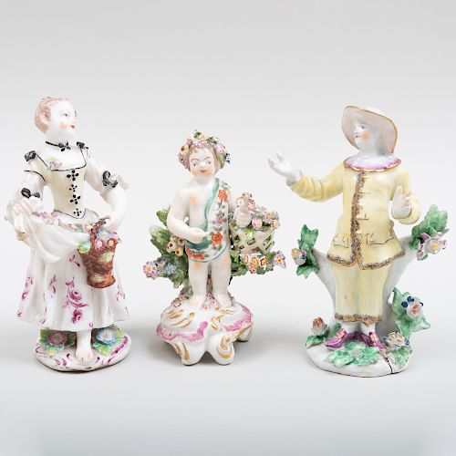 Bow Porcelain Figure of Pedrolino or Pierrot and Two Figures Emblematic of Spring